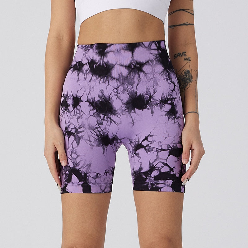 Seamless Tie Dye Yoga Shorts For Women - High Waist Shorts